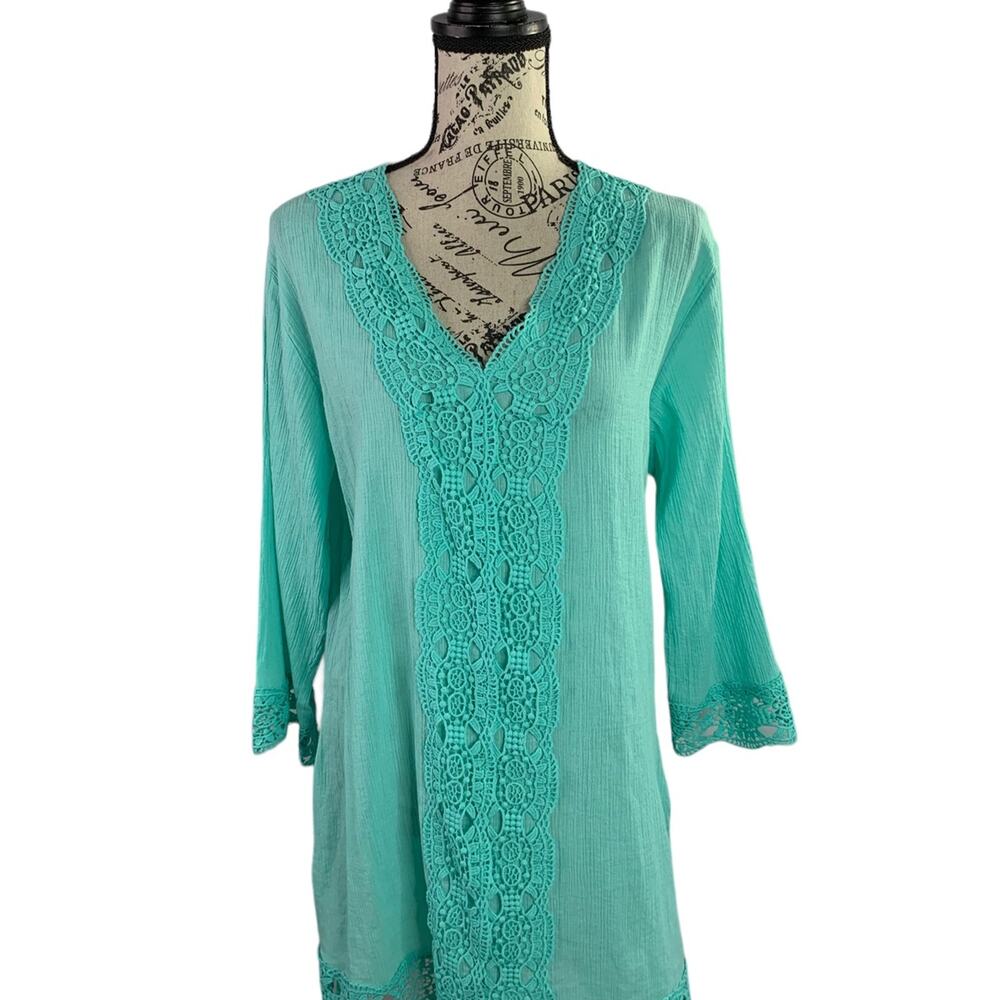 Issac Mizrahi New York Women's Size Small Tunic Top Cotton knit Lace 3/4 Sleeves
